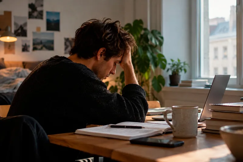 En ung mand sidder ved et skrivebord med hånden mod panden foran en notesbog og en bærbar computer.