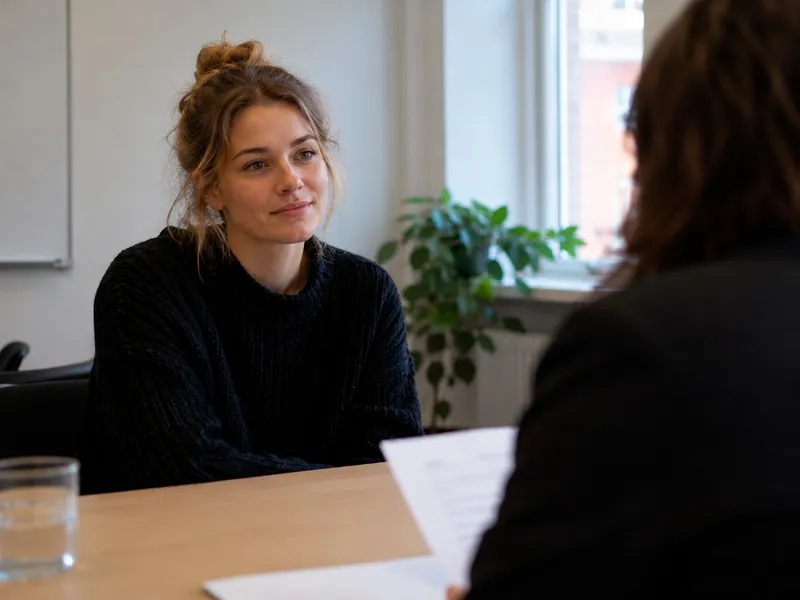 En ung kvinde smiler ved et bord til en jobsamtale over for en person med papirer i hånden.