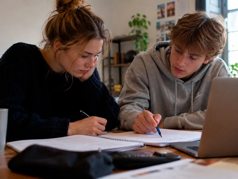 To unge sidder ved et bord og laver matematikopgaver sammen med papir, blyant og en bærbar computer.