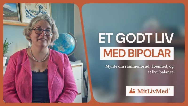 Mynte i lyserød jakke ved siden af teksten “Et godt liv med bipolar”.