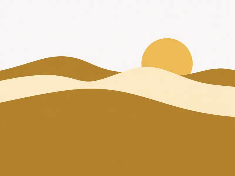 Illustration af bløde sandklitter i okker og creme med en gul sol, der står lavt bag dem.