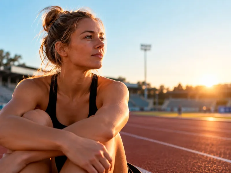 En kvindelig atlet sidder på en atletikbane i solnedgang og kigger ud over stadion.
