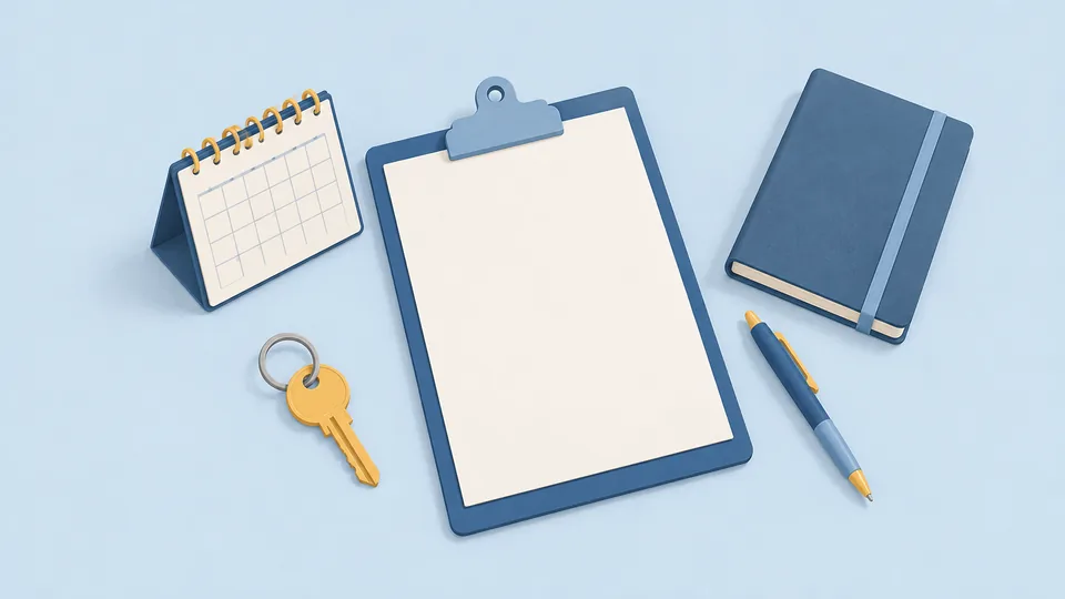 Et blåt klipboard, en notesbog, en kuglepen, en nøgle og en kalender på lysblåt underlag.