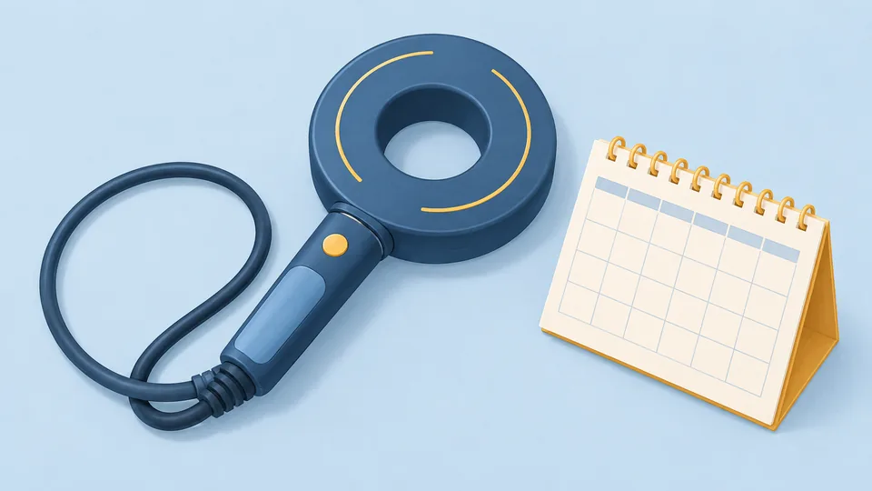 En blå magnet med ledning og en gul kalender med tomme felter.