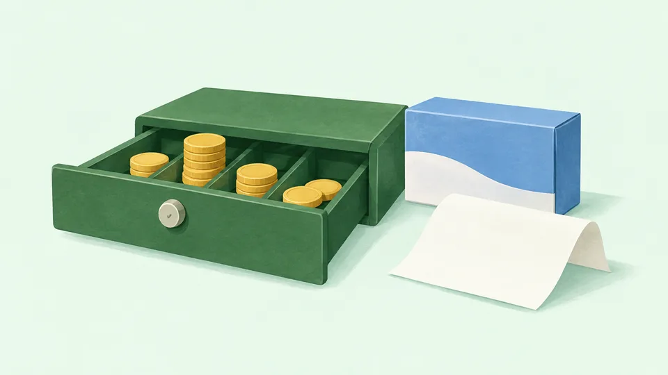 En åben grøn kasse med gule mønter, en blå kasse og et hvidt papir.