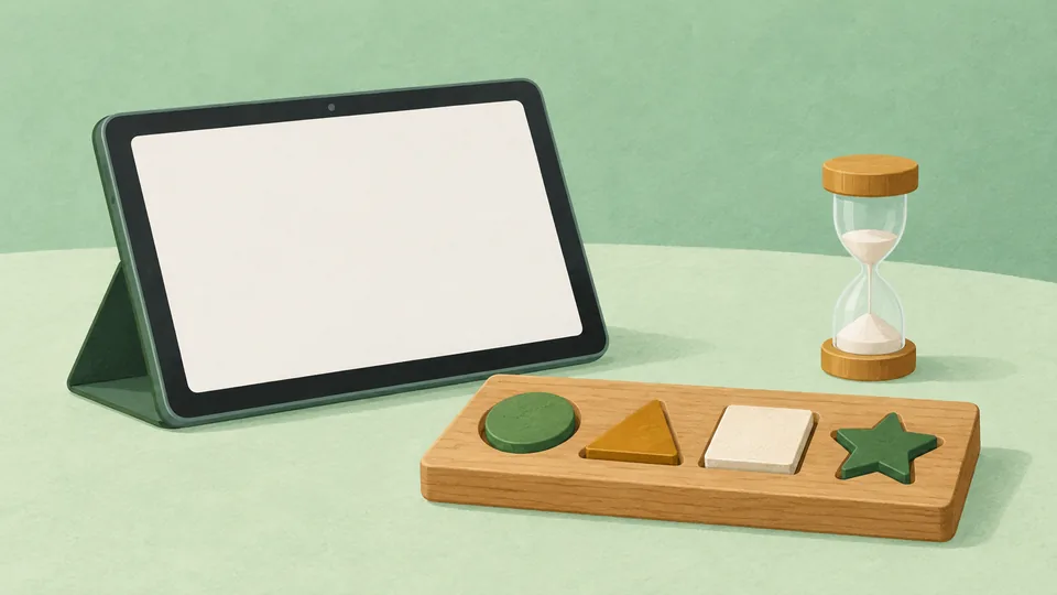 En tablet, et timeglas og træfigurer med grønne, orange og hvide former på lys grøn baggrund.