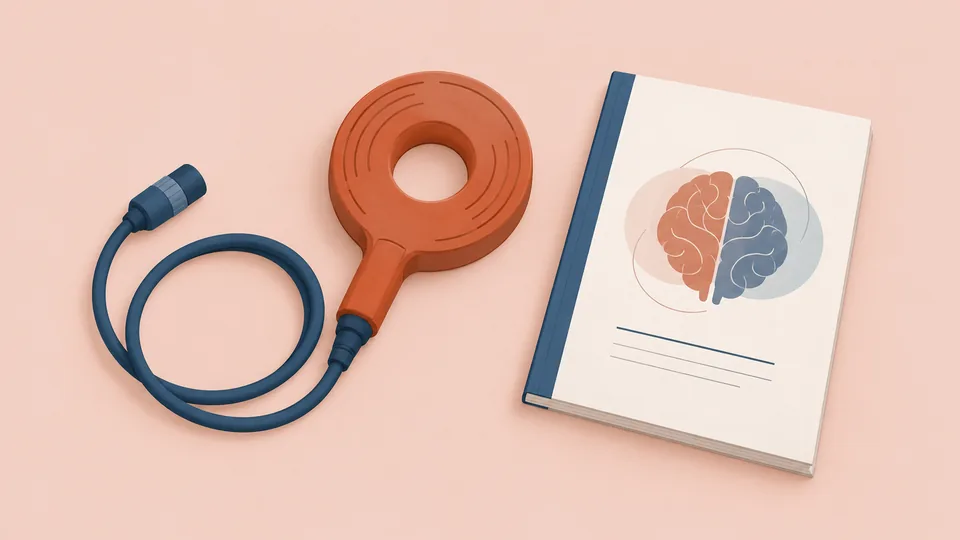 En orange magnetspole med blåt kabel og en bog med hjerneillustration på lysebrun baggrund.