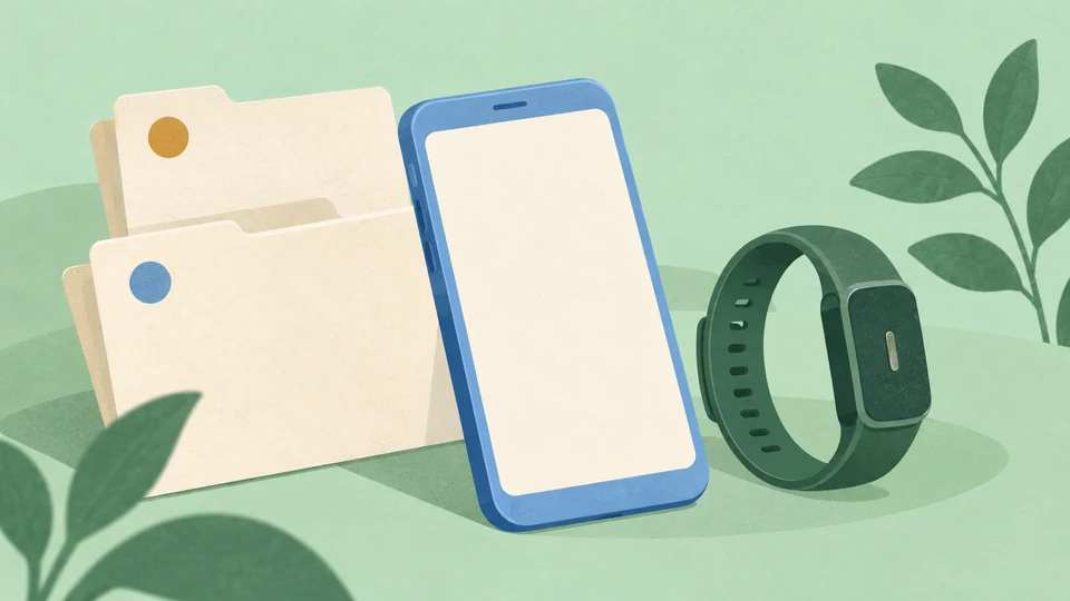 En blå smartphone, en mappe og et sort fitnessarmbånd på lysegrøn baggrund med blade.