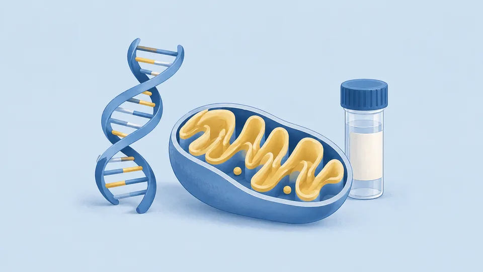 En blå DNA-streng, en blå celle med gule mitokondrier og et glas med blå hætte.