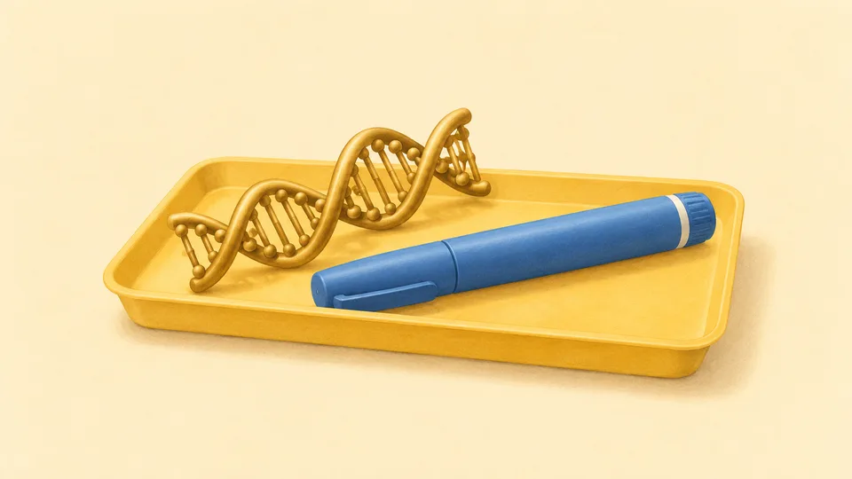En gul DNA-streng og en blå kuglepen ligger i en gul bakke.