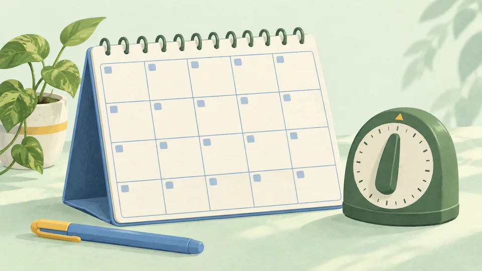 En blå kalender, en grøn timer og en blå kuglepen ligger på et lysgrønt bord.