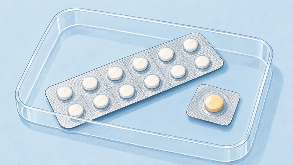 En gennemsigtig plastikbakke med to blisterpakninger og hvide piller på blå baggrund.
