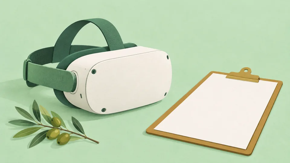 Hvidt VR-headset med grønne remme, olivengren og tomt klipboard på lysegrøn baggrund.