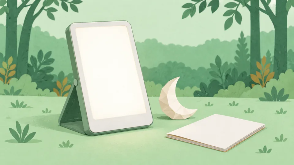 En grøn tablet, en papirmåne og en bog står på græs med træer i baggrunden.