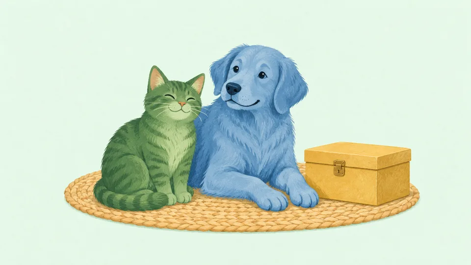 En grøn kat og en blå hund sidder på en flettet måtte med en trækasse.