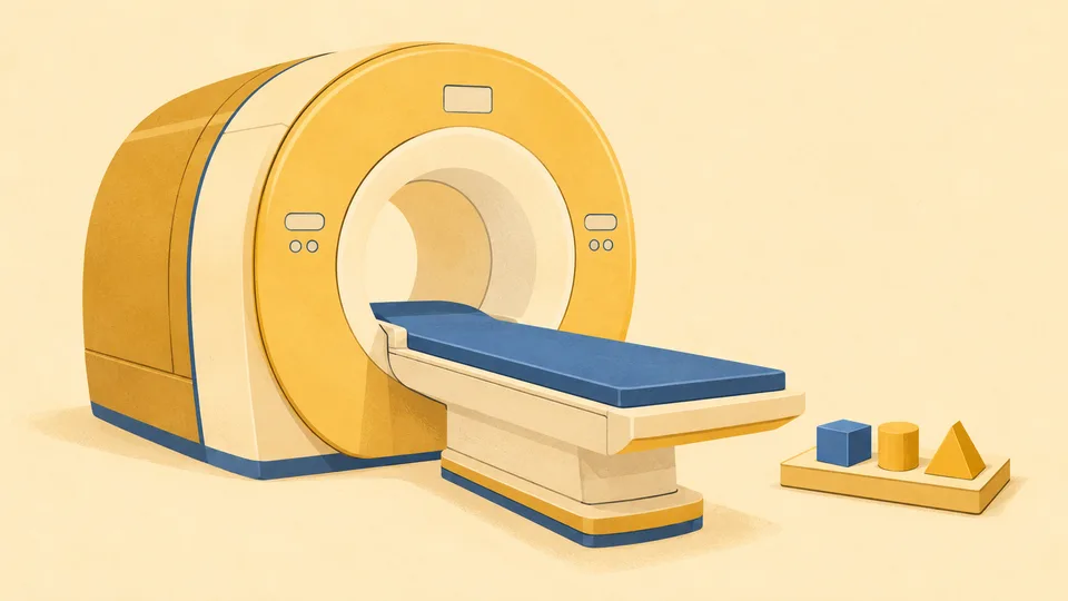 En gul og hvid MR-scanner med blå patientleje og geometriske figurer foran.