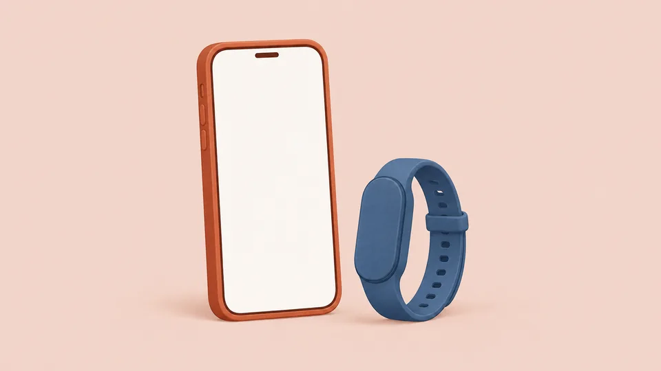 En orange smartphone og et blåt fitnessarmbånd på lyserød baggrund.