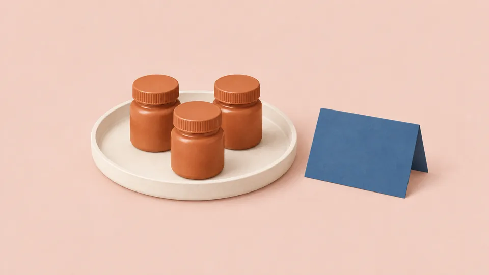 Tre brune krukker med orange låg står på en hvid tallerken ved siden af en blå papirflap.