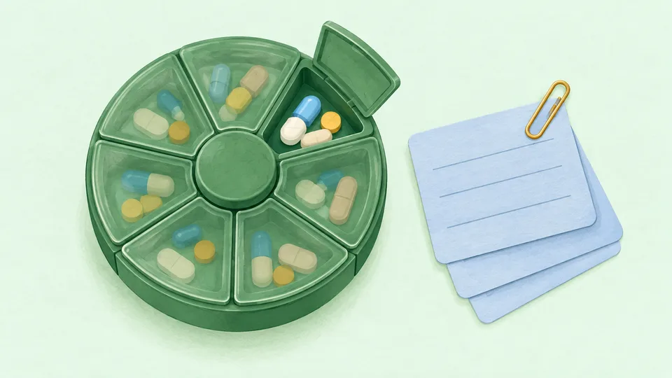 Grøn pilleboks med farvede piller og en bunke papirer med en papirclips.