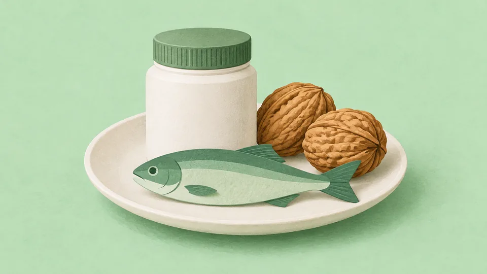 En hvid tallerken med en grøn fisk, to valnødder og en hvid krukke med grønt låg.
