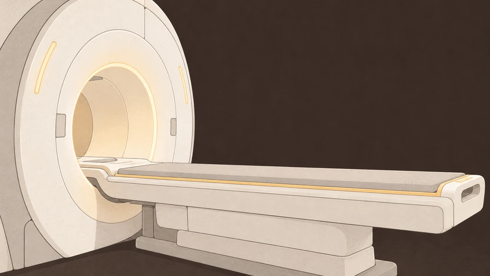 En hvid MR-scanner med lysende orange indvendig og en grå patientbriks.