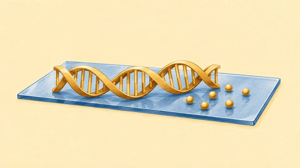 En gylden DNA-streng og fem gule kugler på en blå plade.