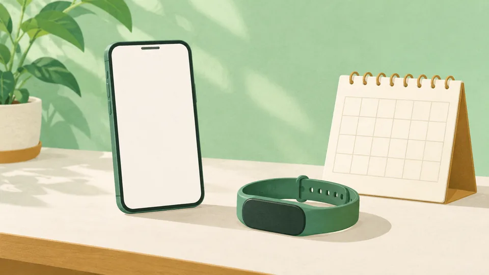 En grøn smartphone, et grønt armbåndsur og en kalender på et bord.