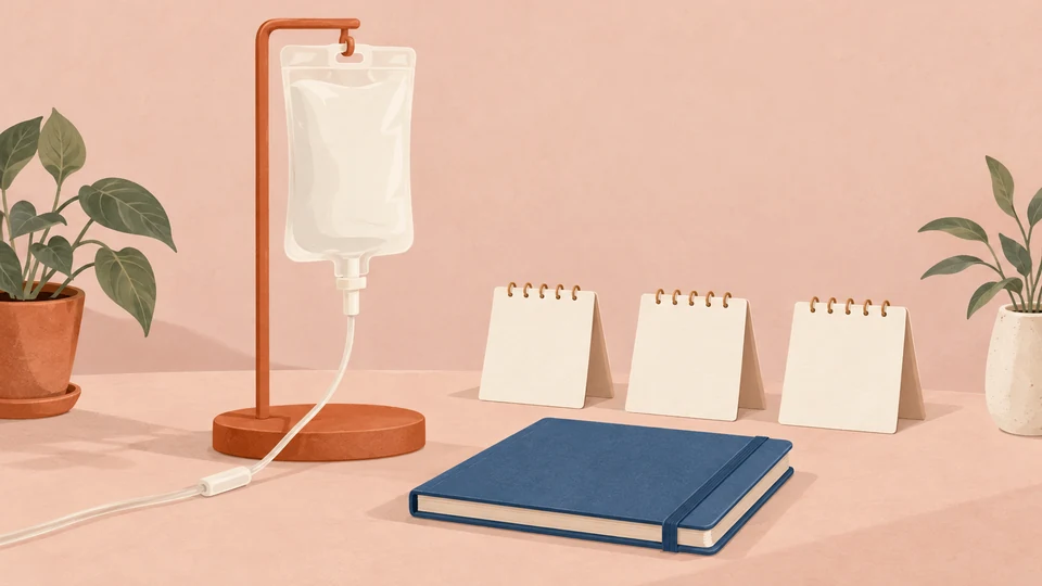 En infusionspose hænger på et orange stativ ved en blå notesbog og tre kalendere.
