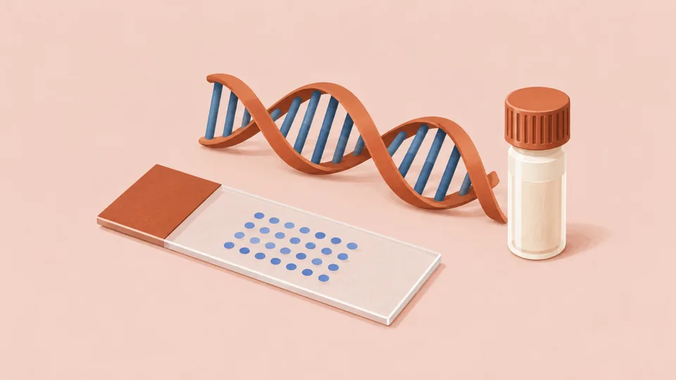 En DNA-streng, en petriskål med blå prikker og en glasflaske med brun låg på lyserød baggrund.