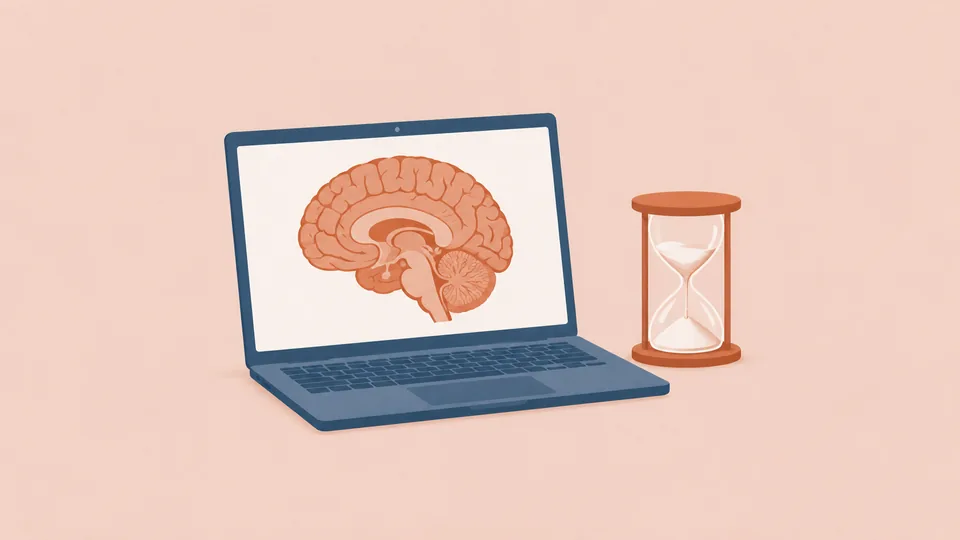 En bærbar computer viser en orange hjerne, og et timeglas står ved siden af.