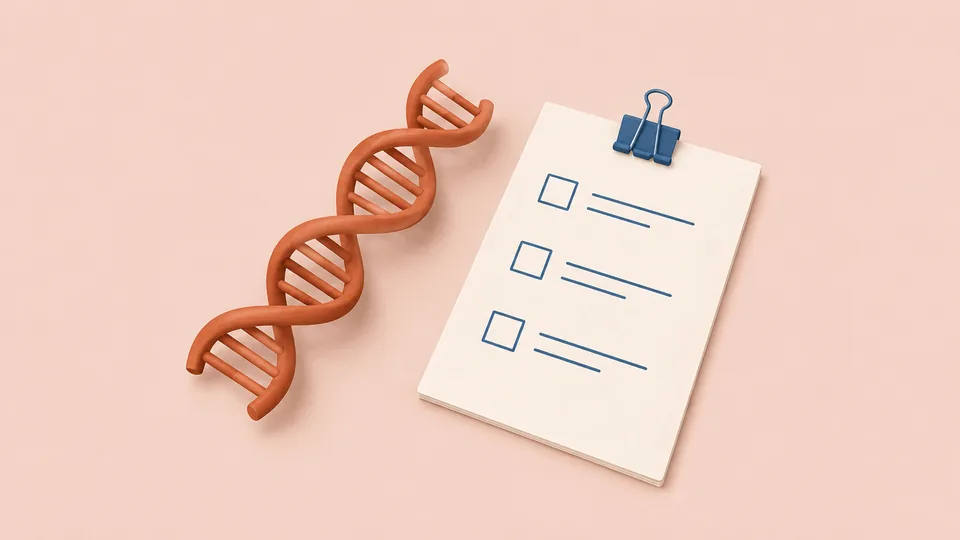 En orange DNA-streng og en hvid liste med afkrydsningsfelter på lyserød baggrund.