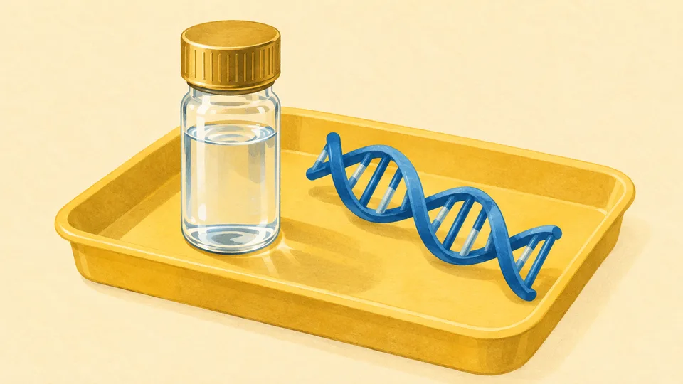 En gul bakke med en glasflaske og en blå DNA-spiral.