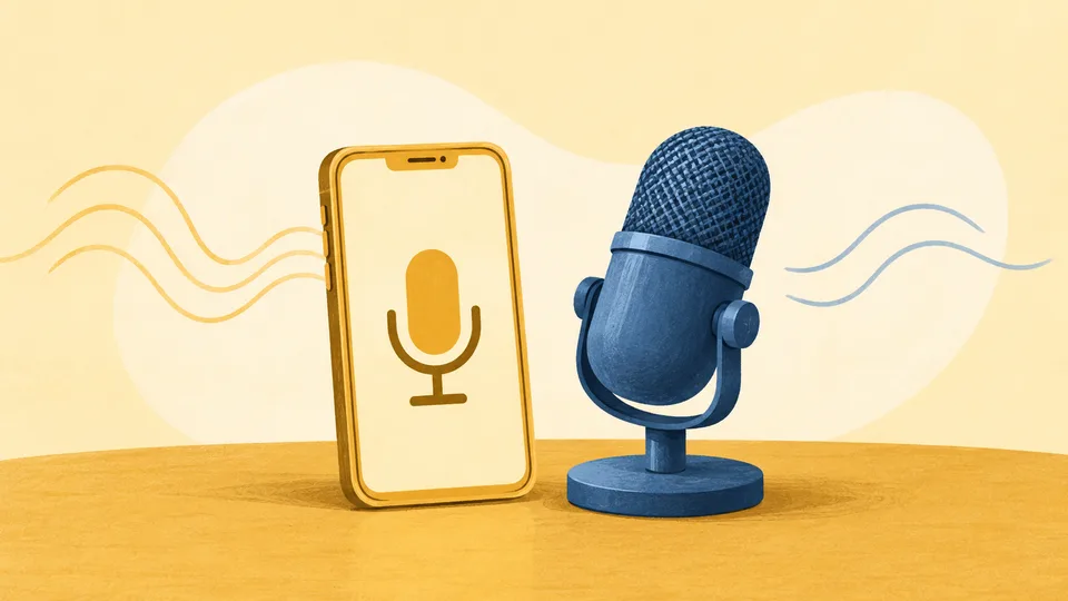 En gul smartphone med mikrofonikon og en blå mikrofon på gul baggrund.