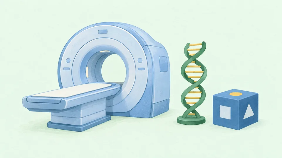 En blå MR-scanner, en grøn DNA-spiral og en blå terning med former på lys baggrund.