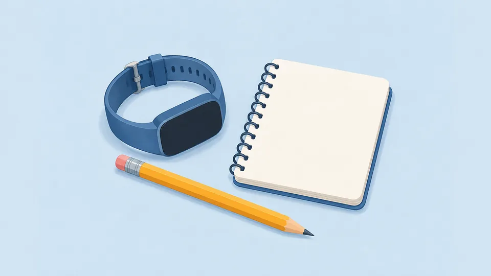 En blå smartwatch, en blyant med viskelæder og en hvid notesbog på lysblå baggrund.