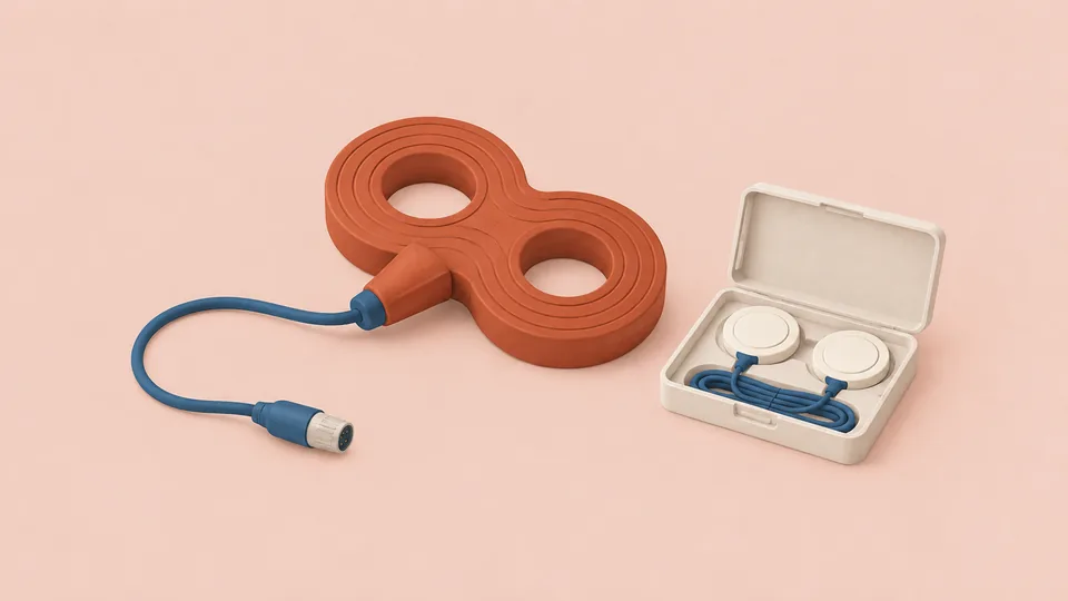 En orange otteformet genstand med blåt kabel og en åben hvid æske med to hvide dele.