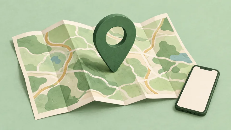 Et grønt kort med en grøn placeringstegn og en sort smartphone på lys grøn baggrund.