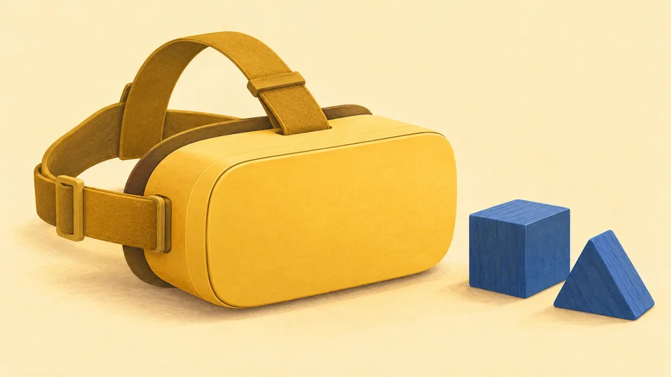 Gul VR-headset med blå terning og pyramide på lys baggrund.