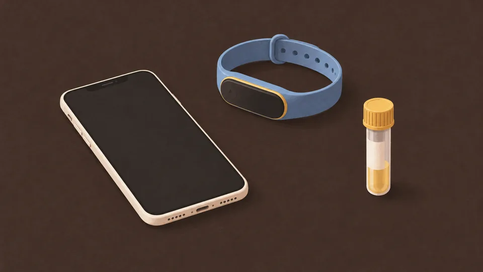 En hvid smartphone, et blåt fitnessarmbånd og et reagensglas med gul væske.
