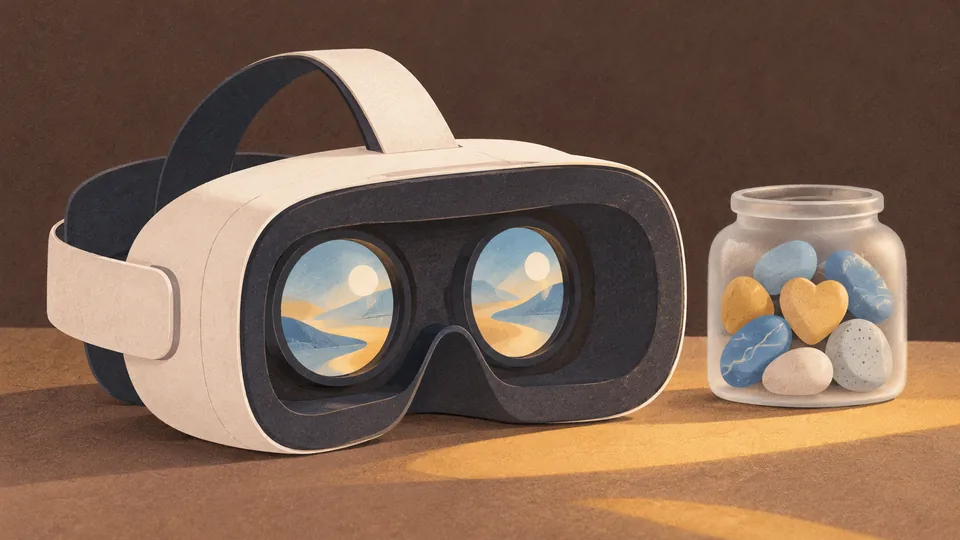 Hvidt VR-headset med landskabsbilleder i linserne og glas med farvede sten ved siden af.