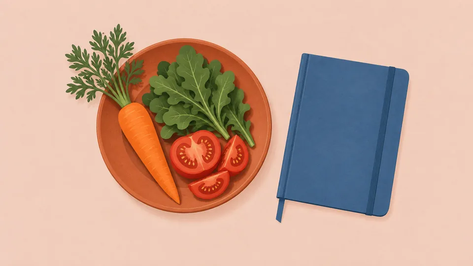 En orange tallerken med gulerod, tomater og salat ved siden af en blå notesbog.