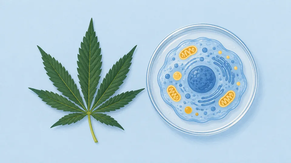 Et grønt cannabisblad og en petriskål med en blå celle og gule strukturer.
