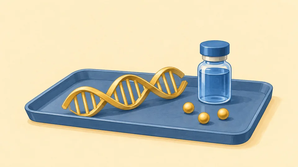 En gylden DNA-streng, tre gule kugler og en glasflaske på en blå bakke.