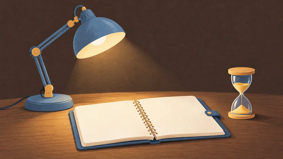 En blå lampe lyser over en åben notesbog og et timeglas på et træbord.