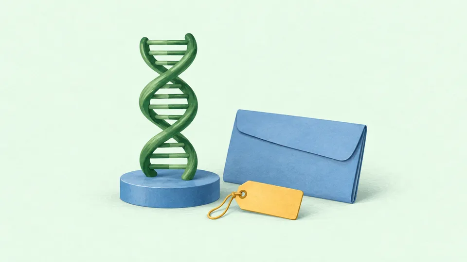 En grøn DNA-model står på en blå sokkel ved en blå mappe og en gul etiket.