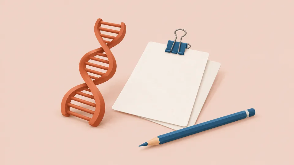 En orange DNA-model, et hvidt papir med klips og en blå blyant på lyserød baggrund.