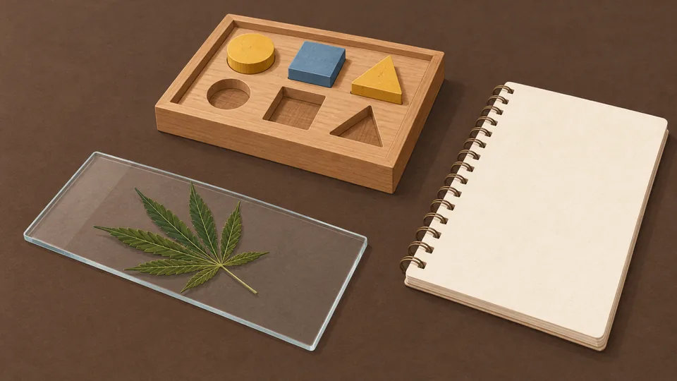 Et cannabisblad ligger på en gennemsigtig plade ved siden af en træbakke med farvede former og en notesbog.
