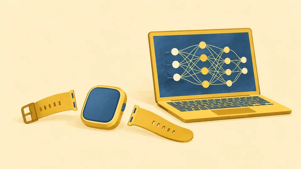 Gul bærbar computer med netværk af hvide og gule punkter og to gule armbåndsure.