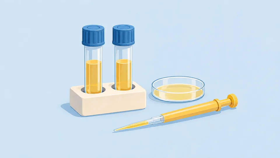 To blå hætterør med gul væske, en petriskål og en gul pipette på lysblå baggrund.