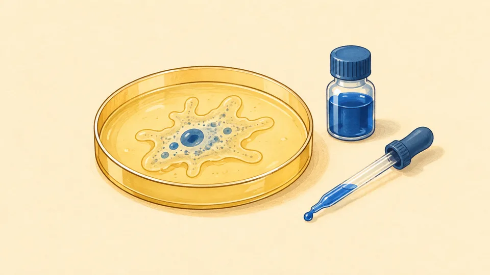En gul petriskål med en blåfarvet celle, en flaske og en pipette med blåt væske.